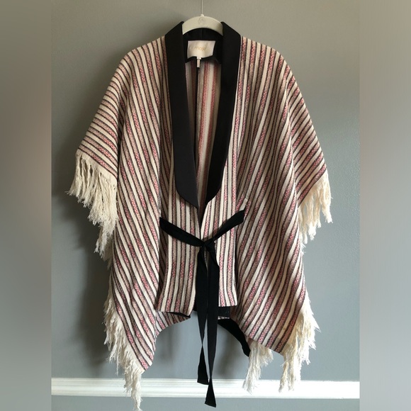 Maje Striped Fringe Poncho Jacket - Picture 1 of 11